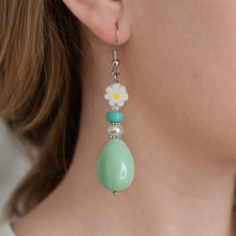Handmade Mint Green Easter Egg Daisy Dangle Earrings 2.5” | Spring Jewelry - Picture 2 of 7